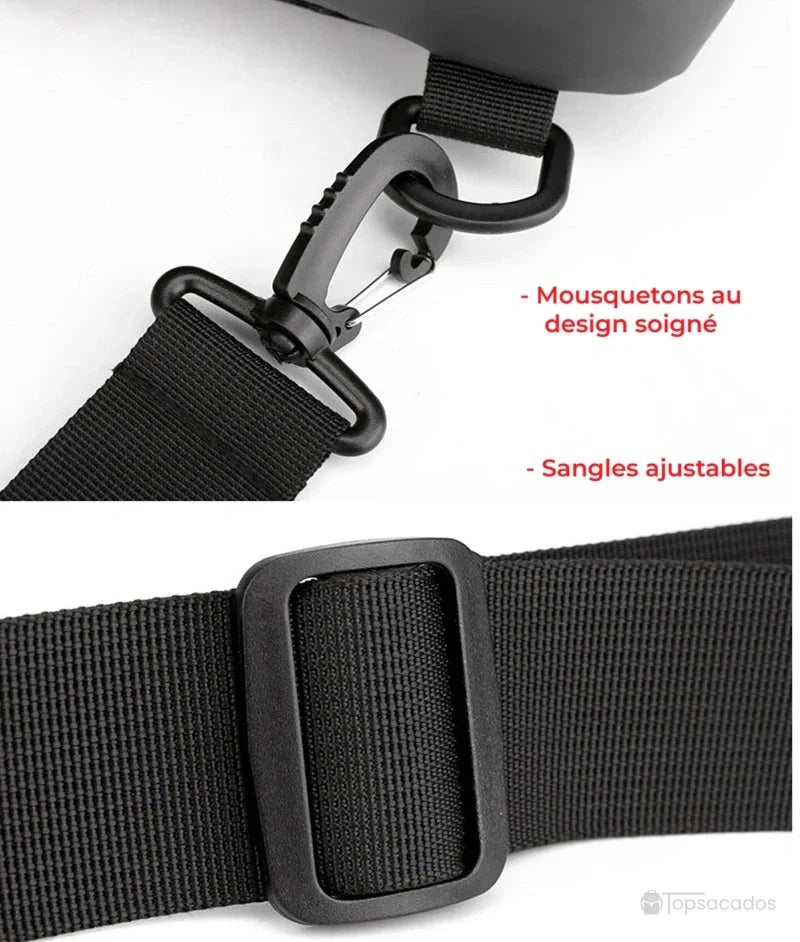 Petit sac à dos homme détail mousqueton noir solide et sangle ajustable pour un confort de port optimal en toutes situations.