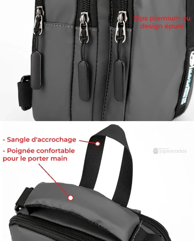 Petit sac à dos homme détails de trois zips robustes et vue sur poignée renforcée confortable pour porter à la main.