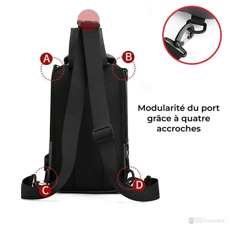 Petit sac à dos homme dos respirant noir avec illustration des quatre points d'accrochage modulables pour ajuster la sangle facilement.