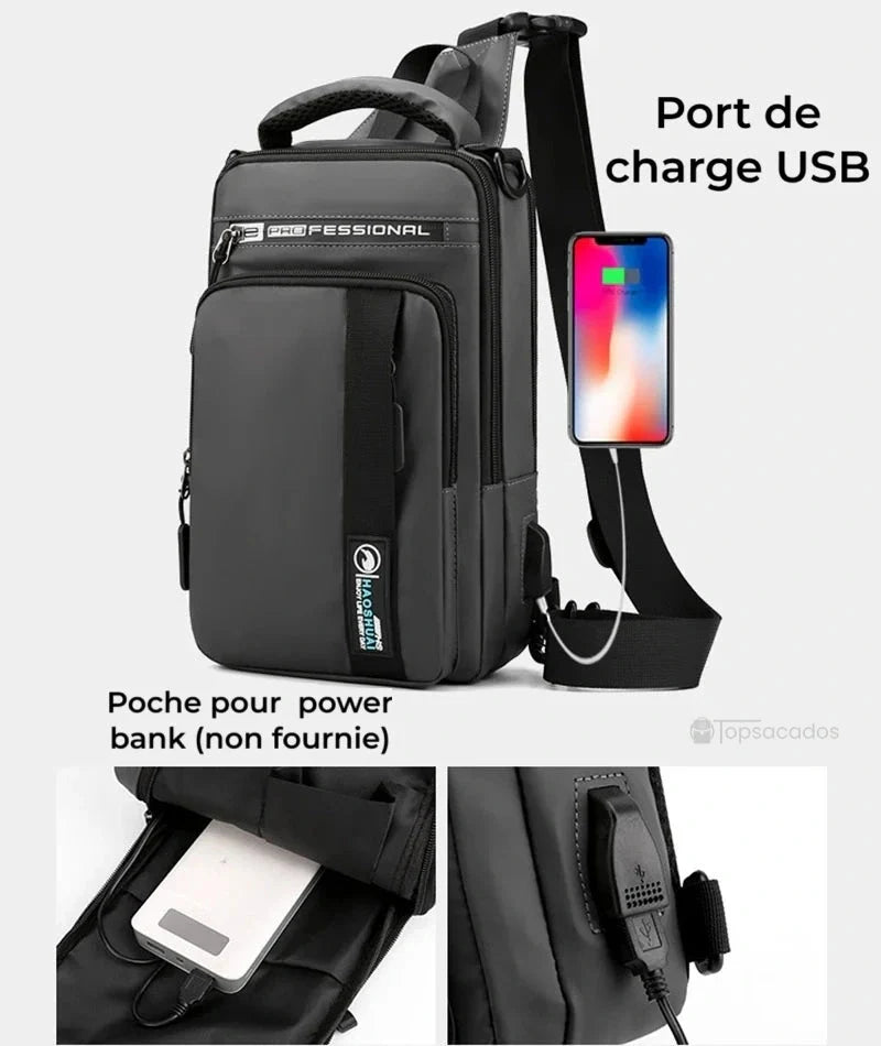 Petit sac à dos homme équipé d'un port de charge USB externe et poche intérieure pour power bank, idéal pour la mobilité.