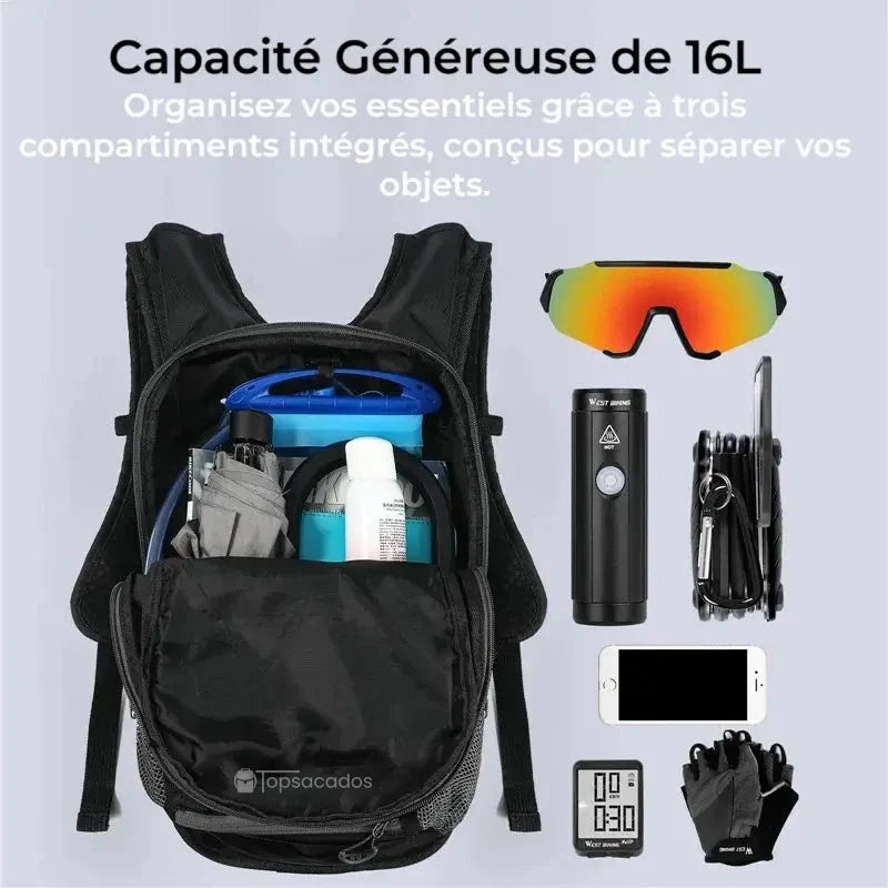 sac à dos 16 l ouvert avec plusieurs objets essentiels organisés, illustrant les compartiments intérieurs spacieux pour le sport ou le cyclisme