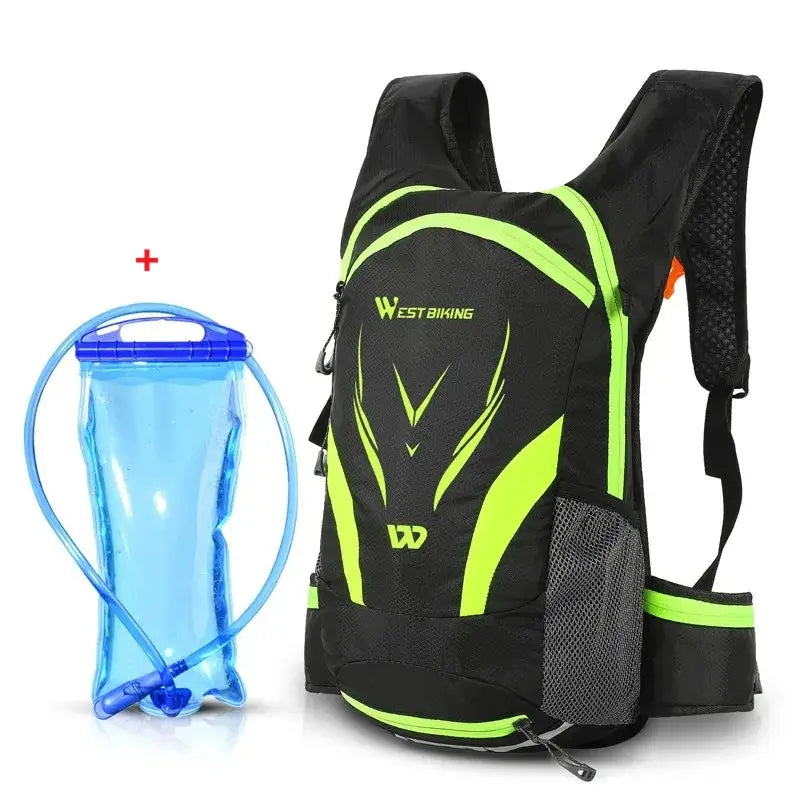 sac à dos 16 l jaune accompagné d’une poche à eau bleue, conçu pour les randonnées ou les sorties cyclistes longues