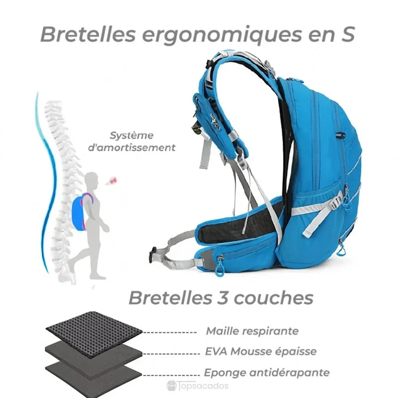 Sac à dos 20 L randonnée avec schéma des bretelles ergonomiques en S, triple couche mousse et maille