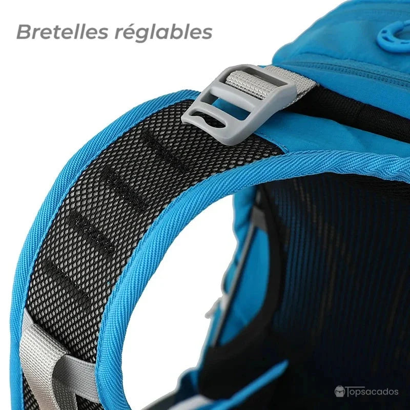 Sac à dos 20 L randonnée gros plan sur bretelle réglable avec maille respirante noire et boucle grise