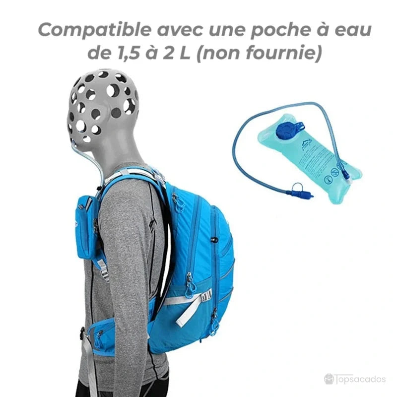 Sac à dos 20 L randonnée porté par mannequin gris, compatible avec poche à eau de randonnée 2L