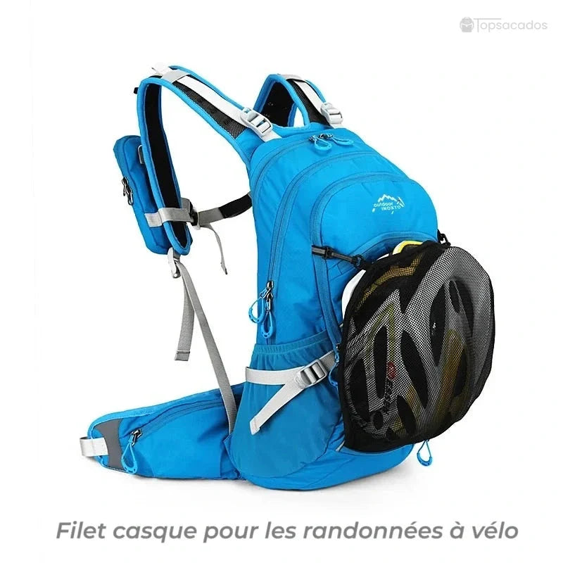 Sac à dos 20 L randonnée bleu avec filet intégré pour transporter un casque de vélo, idéal pour les randonnées cyclistes