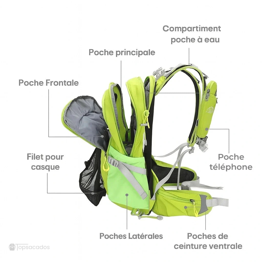 Sac à dos 20 L randonnée avec vue latérale détaillée des compartiments : poche principale, filet casque, poches ceinture et latérales
