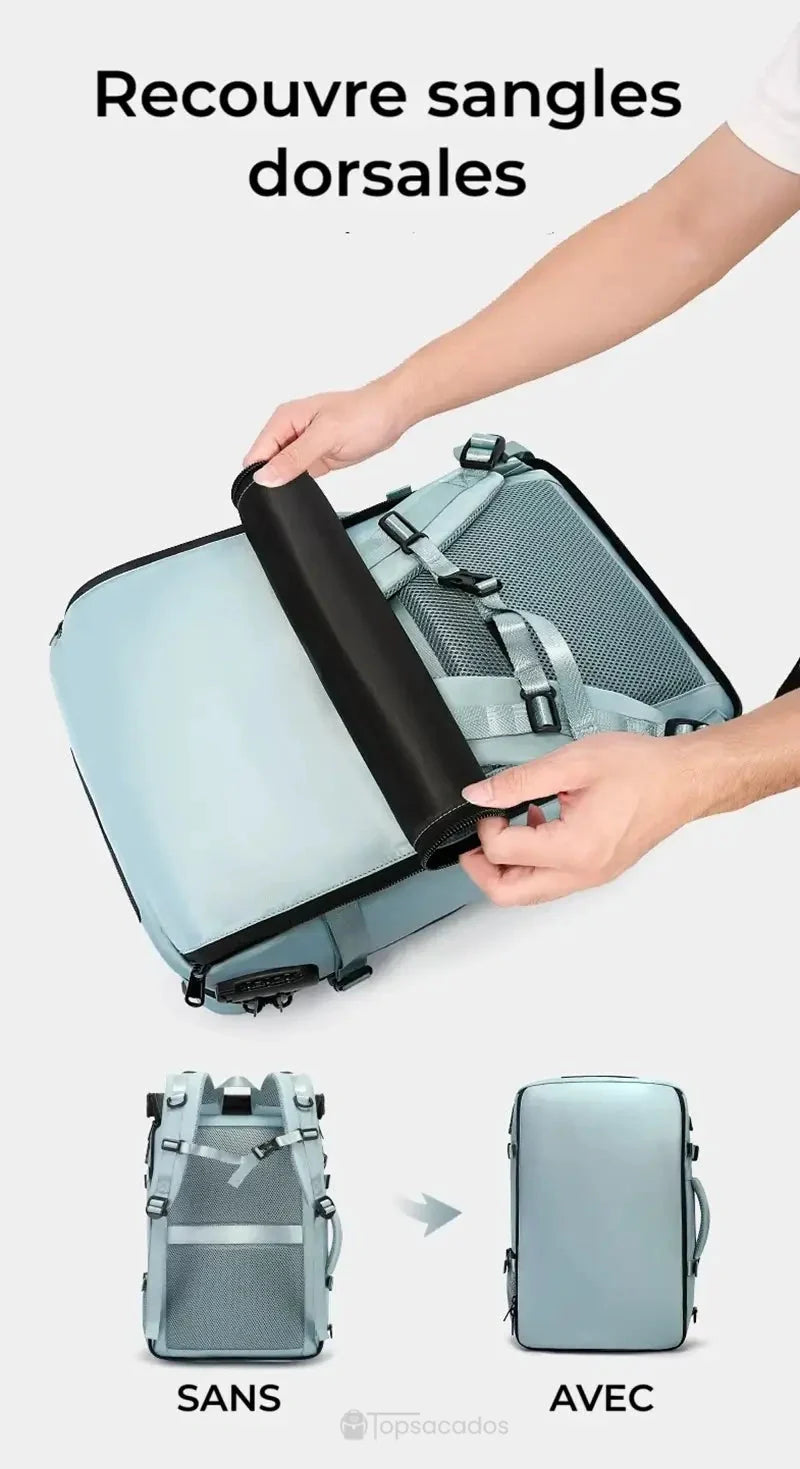 Sac à dos 30L avec système de couverture des bretelles dorsales, illustré par une main en train de recouvrir les sangles pour transformer le sac en valise.
