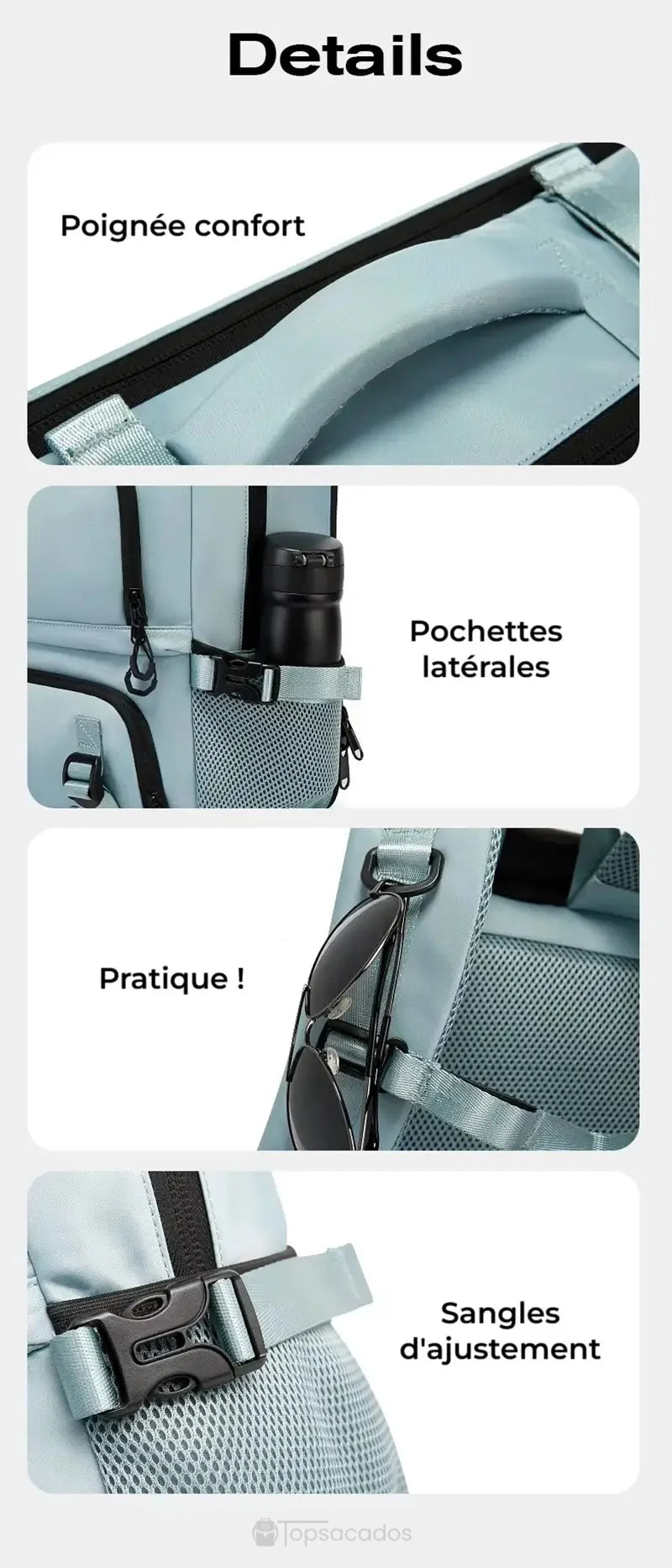 Sac à dos 30L zoomé sur les détails pratiques : poignée de transport renforcée, pochette latérale avec gourde, crochet à lunettes et sangles ajustables.