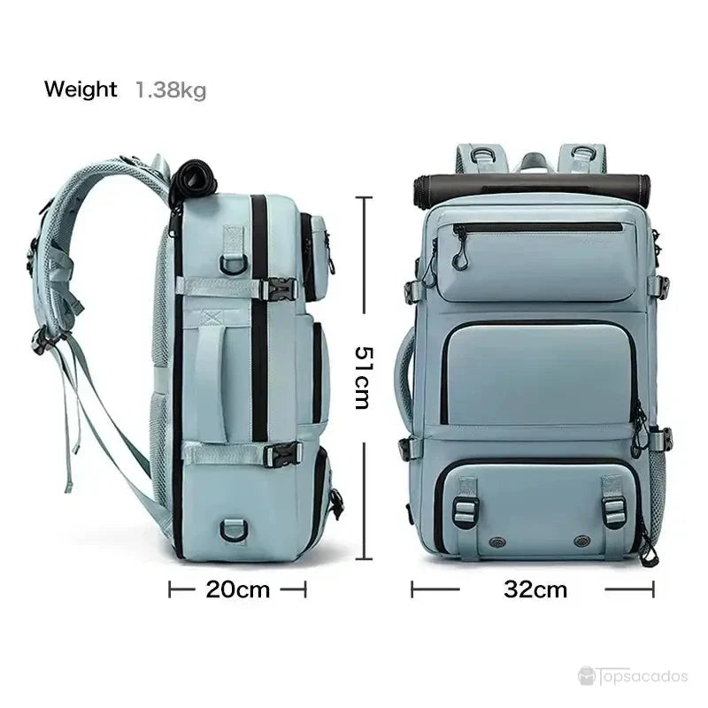 Sac à dos 30L bleu clair affiché en vue latérale et frontale avec dimensions indiquées : 51 cm de haut, 32 cm de large et 20 cm de profondeur, poids de 1,38 kg.