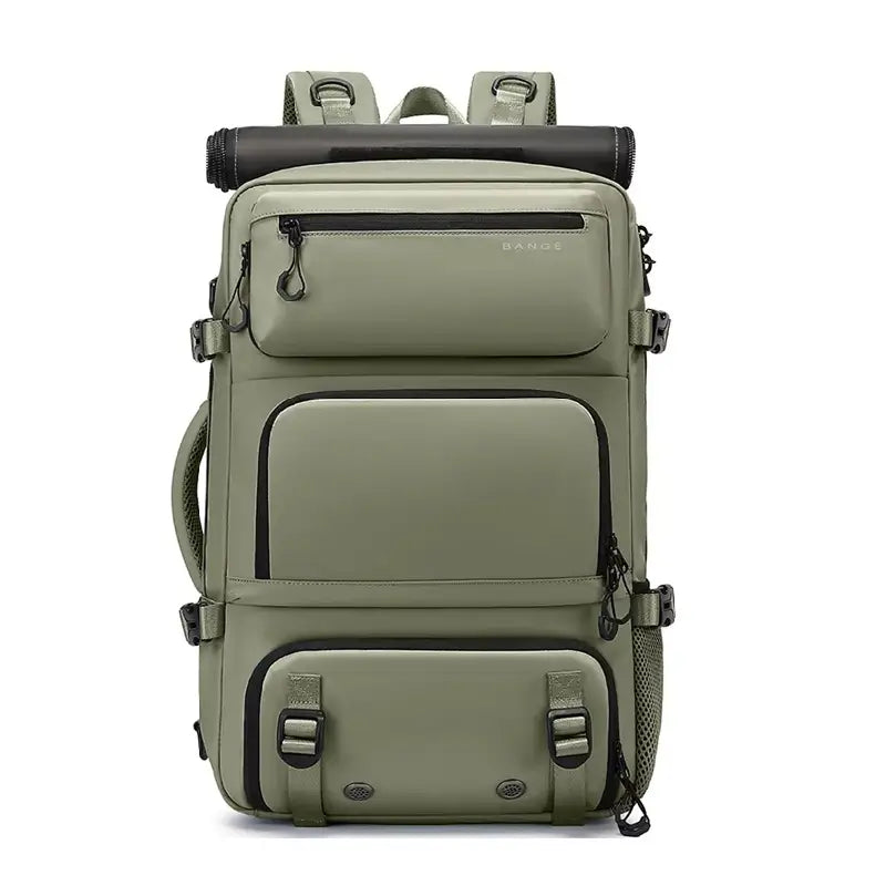 Sac à dos 30L kaki avec grande capacité, poches zippées et filets latéraux, mis en valeur par une vue frontale sur fond neutre.