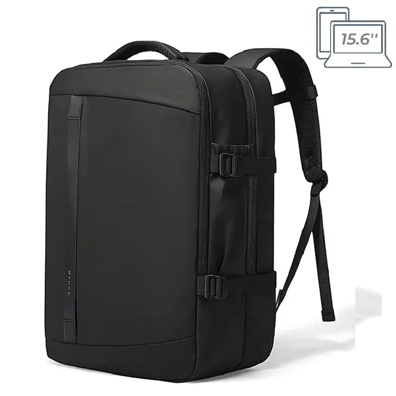 Sac à dos 30 litres avec port usb – Vue de face d’un Sac rigide noir élégant avec bretelles matelassées, posé sur fond blanc