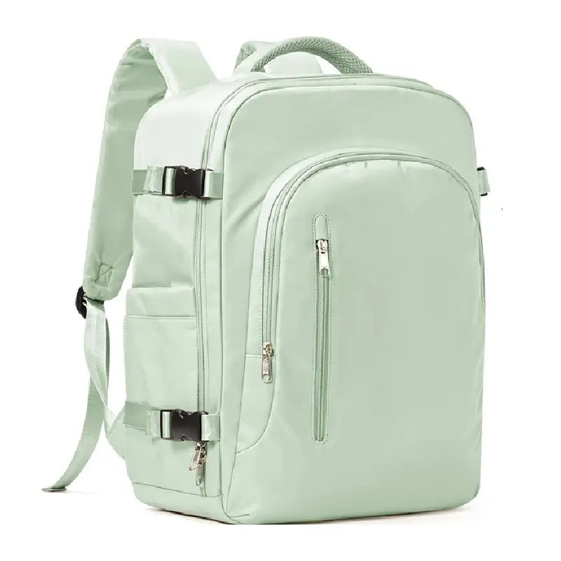 Sac à dos 30 litres vert clair pour ordinateur portable, photographié de trois quarts sur fond neutre