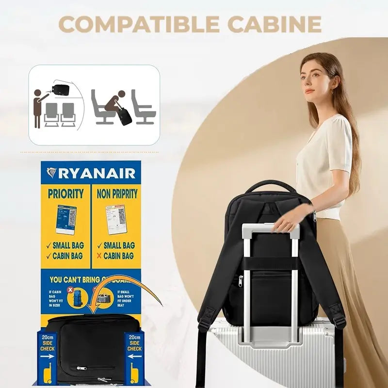 Sac à dos 40x20x25 placé sur valise avec signalétique Ryanair en fond, démontrant sa compatibilité cabine pour embarquement prioritaire.