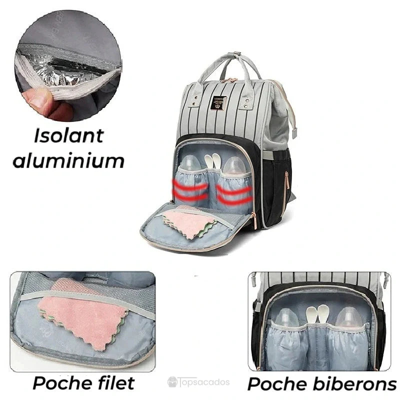 Sac à dos à langer Urbain et chic avec poche avant ouverte révélant des rangements pour biberons et isolant thermique en aluminium.