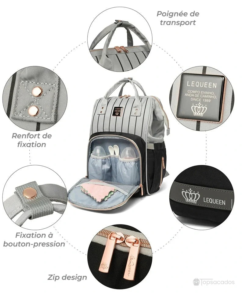 Sac à dos à langer Urbain et chic avec focus sur les détails : poignée de transport, boutons-pression, fermetures dorées et renforts textiles.