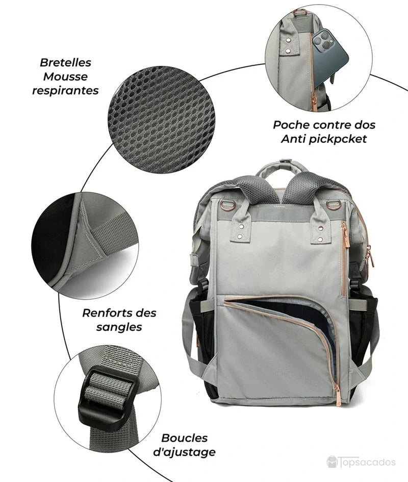 Sac à dos à langer Urbain et chic vu de dos, avec bretelles respirantes, poche anti-pickpocket et sangles renforcées.