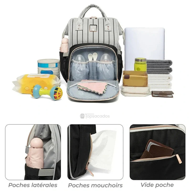 Sac à dos à langer Urbain et chic entouré d’accessoires, avec focus sur les poches latérales, mouchoirs et vide-poche pratique.