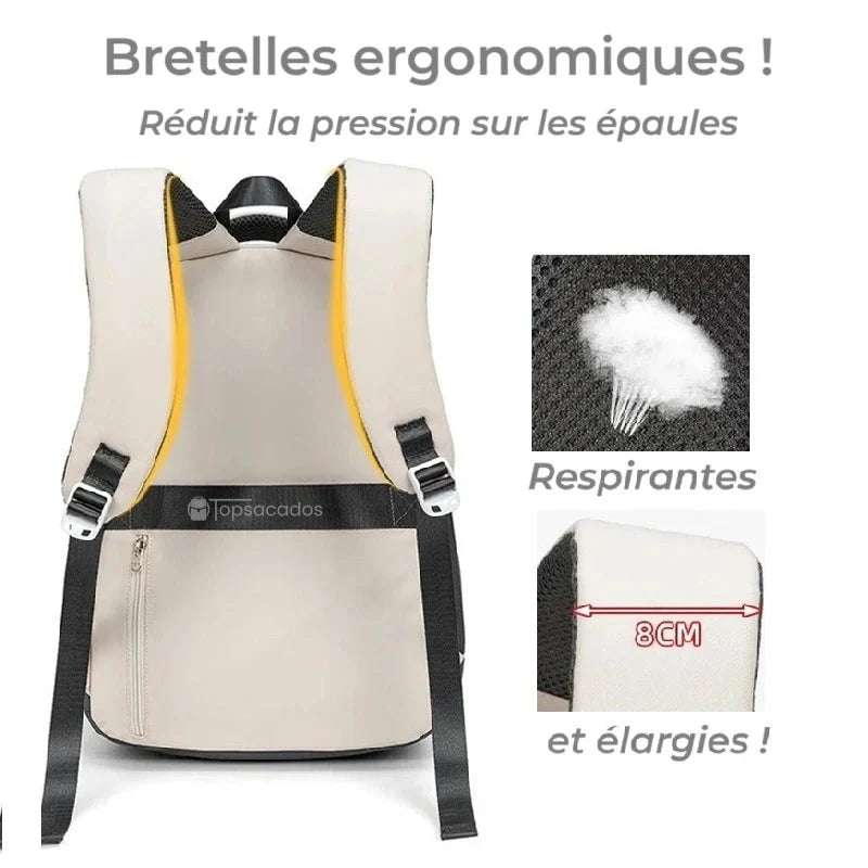 Sac à dos ado vu de dos avec bretelles ergonomiques élargies et respirantes de 8 cm, réduction de la pression sur les épaules