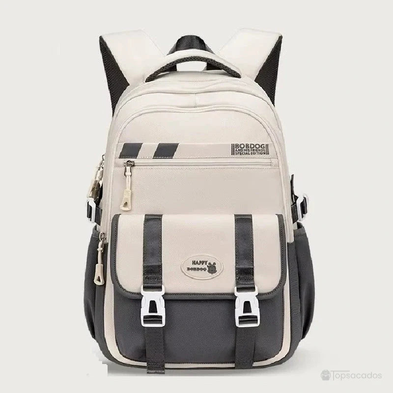 Sac à dos ado beige et gris vu de face avec poches extérieures et design à sangles contrastées