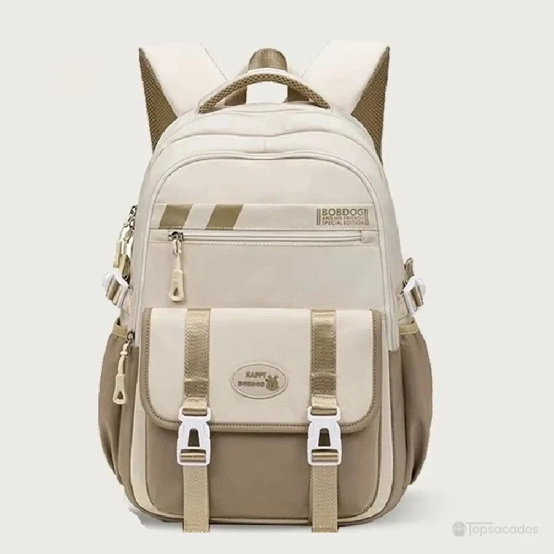 Sac à dos ado beige et kaki avec détails dorés, deux sangles frontales et poches latérales élastiques