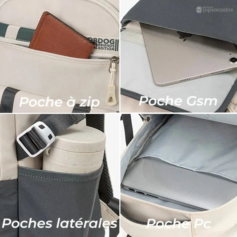 Sac à dos ado avec poches à zip, latérales, poche PC et compartiment GSM, illustré avec objets insérés