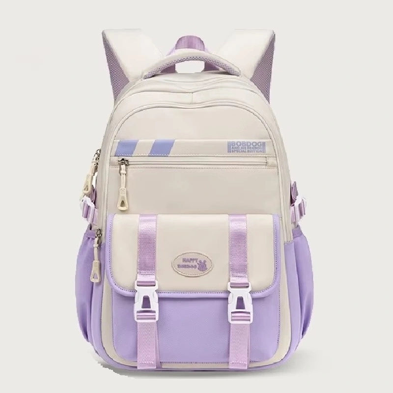 Sac à dos ado beige et violet avec bretelles et poches colorées, design moderne et compartiments spacieux