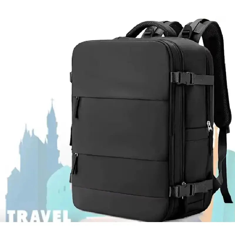 Sac à dos avion noir au format cabine, sobre et élégant, doté de multiples poches zippées et bretelles matelassées, sur fond illustratif de silhouette de ville touristique.