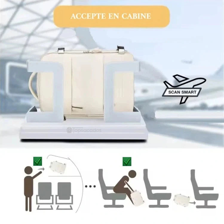 Sac à dos avion accepté en cabine d’avion, posé dans un gabarit de contrôle avec icône de validation aéroportuaire