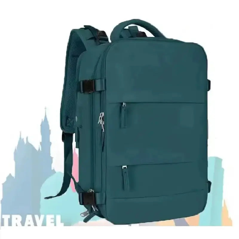 Sac à dos avion bleu canard moderne et structuré, doté de plusieurs poches pratiques et d’un dos respirant, avec décor graphique représentant des paysages urbains.