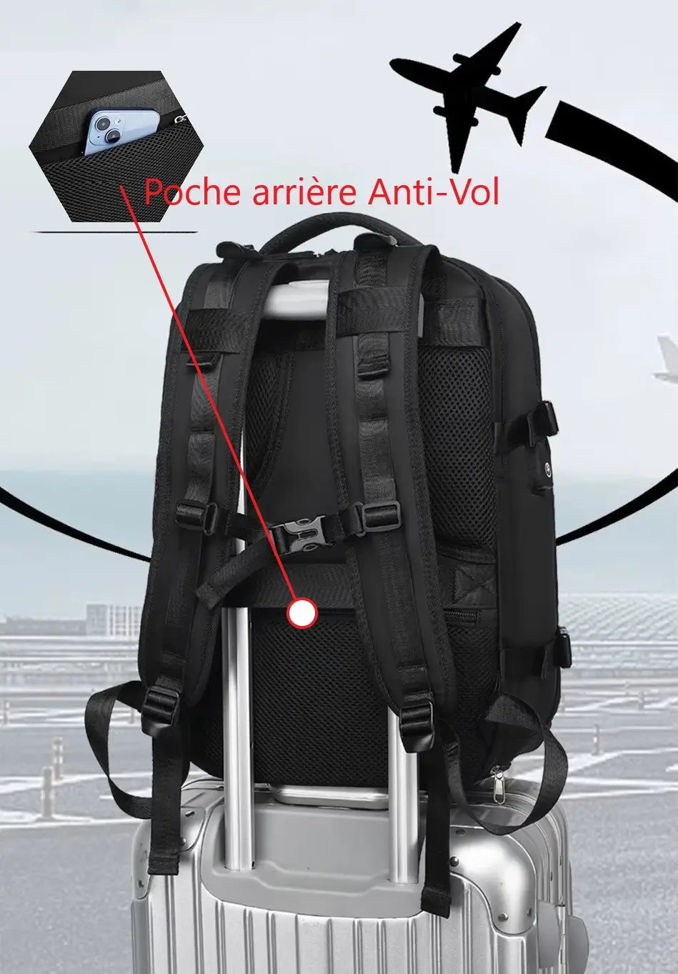 Sac a dos avion noir équipé d'une poche anti-vol au dos et d'une sangle de fixation pour valise trolley, parfait pour les voyageurs fréquents.
