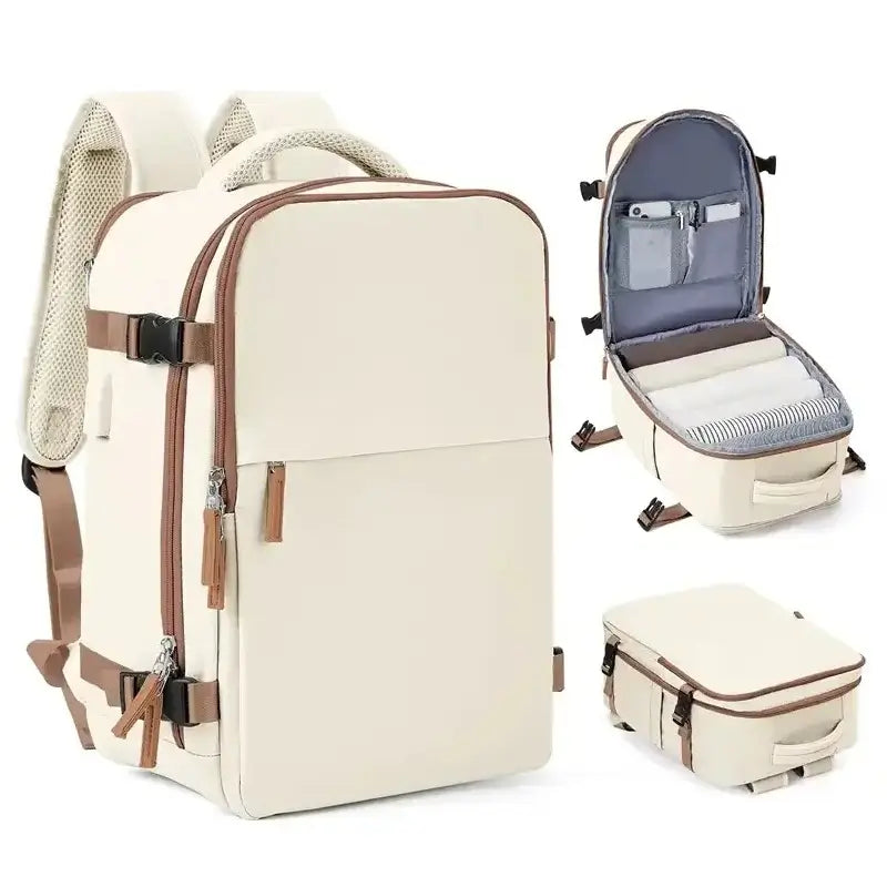 Sac à dos bagage à main beige avec ouverture valise et poche zippée, idéal pour cabine avion.