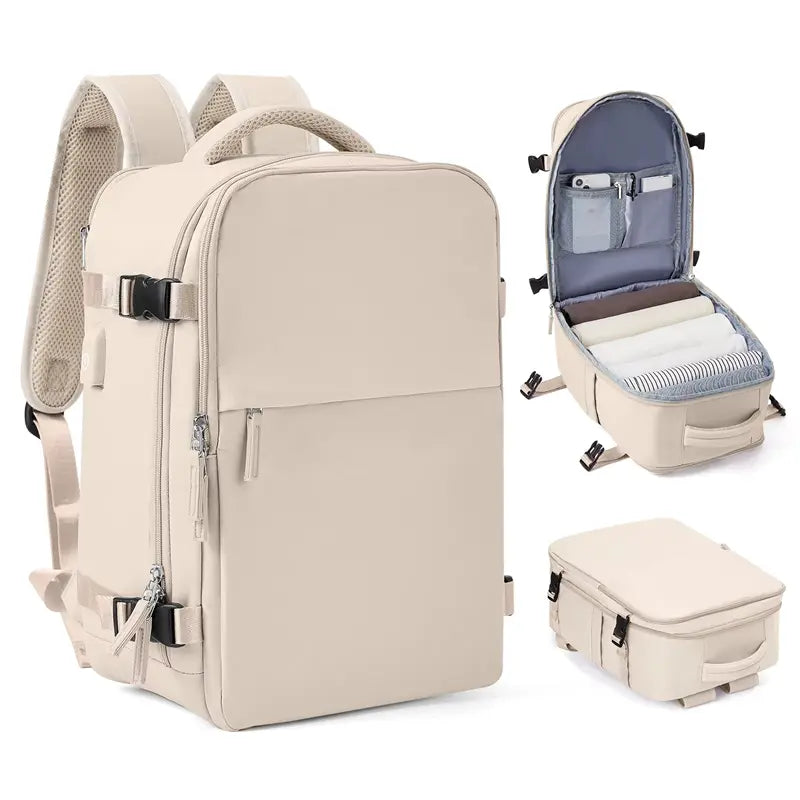 Sac à dos bagage à main marron clair, compatible cabine, avec pochette de toilette incluse