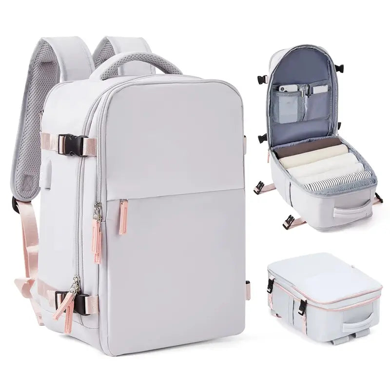 Sac à dos bagage à main gris, ouverture complète avec poches intérieures et trousse assortie.