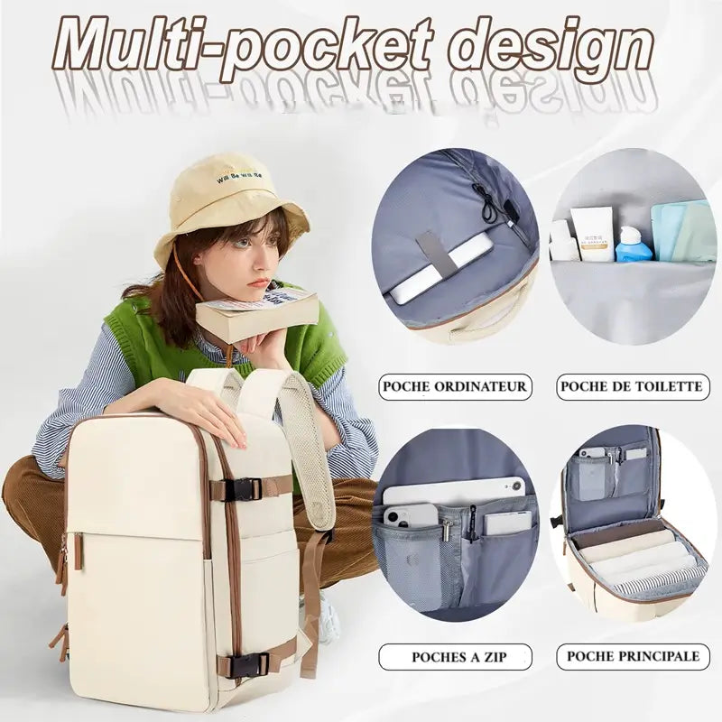 Sac à dos bagage à main avec design multi-poches : ordinateur, documents, toilette.