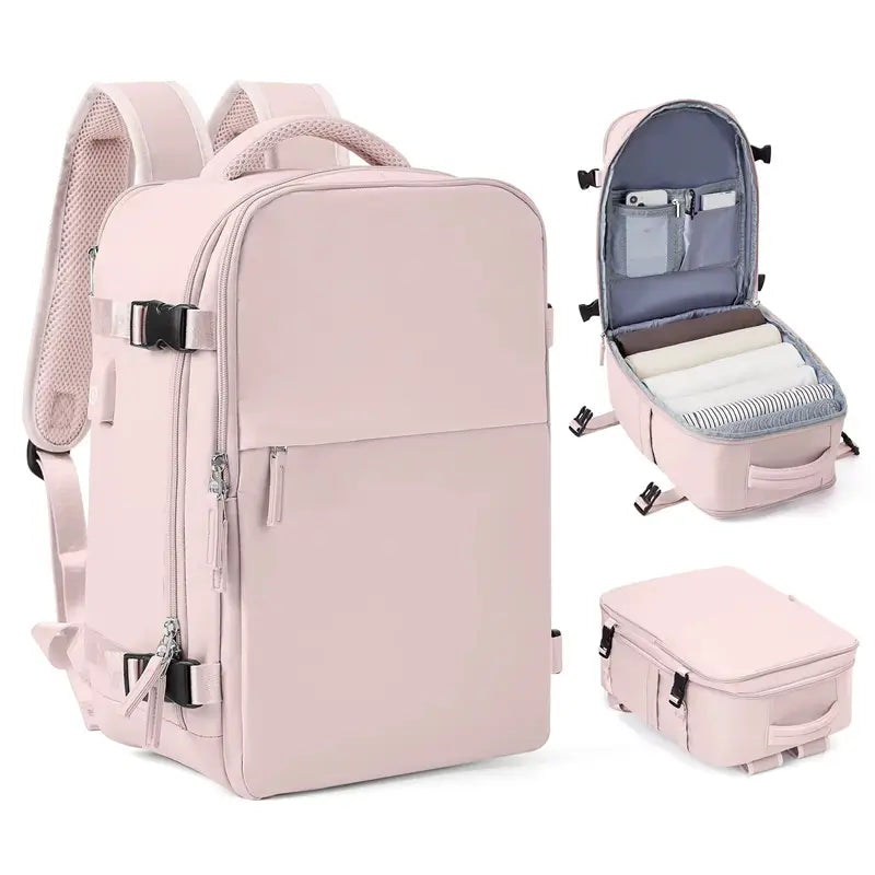 Sac à dos bagage à main rose, format cabine avec ouverture type valise et poches organisées