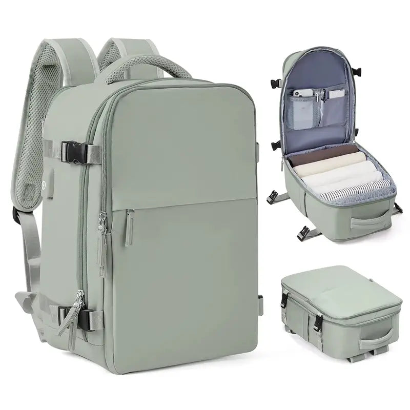 Sac à dos bagage à main vert clair, trousse assortie et ouverture à plat pour organisation optimale.