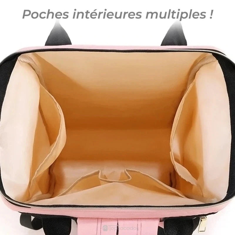sac-a-dos-bebe-avec-son-prenom rose vu de haut, intérieur spacieux avec poches multiples beiges