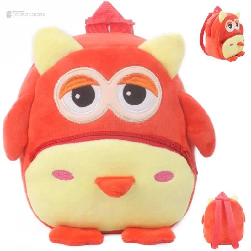 Sac à dos Bébé rouge et jaune en forme de hibou aux grands yeux brodés, visible de face et de profil.
