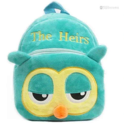 Sac à dos Bébé vert turquoise avec visage de hibou endormi, broderie 'The Heirs' en haut du sac.