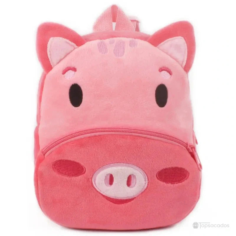 Sac à dos Bébé rose en peluche, en forme de cochon avec museau brodé, oreilles en relief et détails cousus.