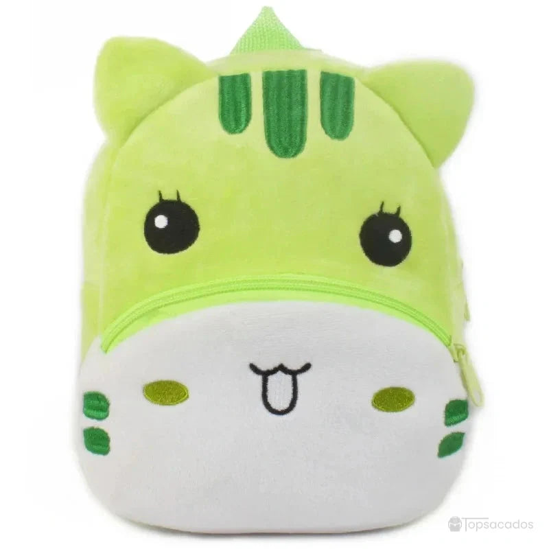 Sac à dos Bébé vert clair en forme de zèbre souriant, avec museau blanc et rayures vertes brodées.