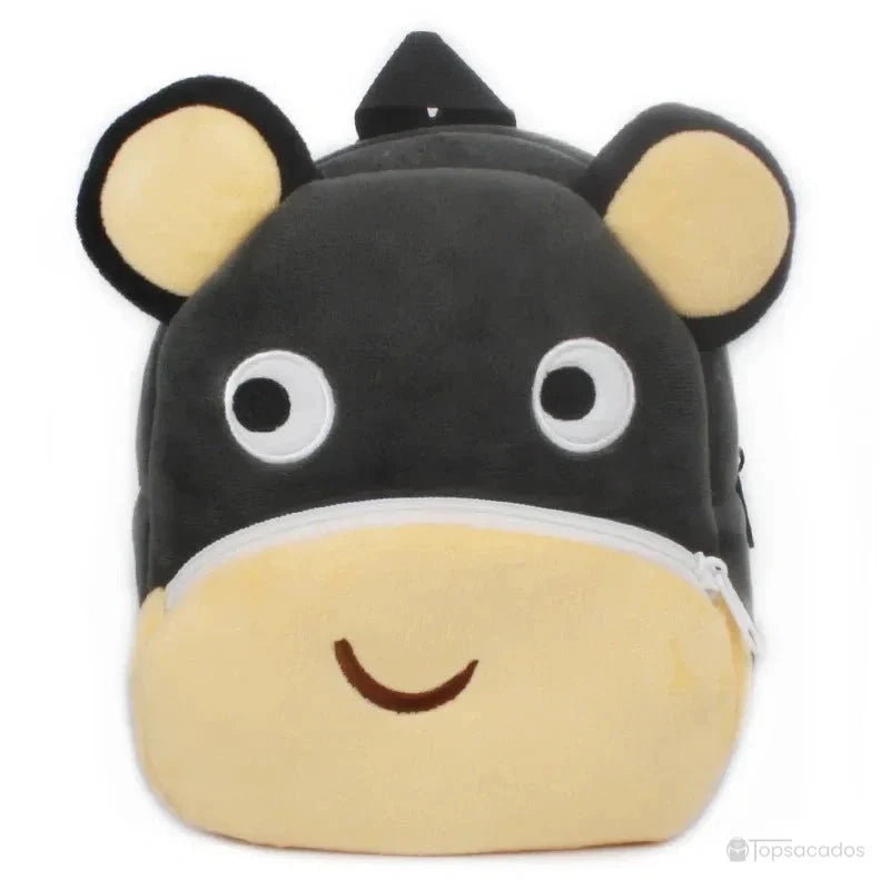 Sac à dos Bébé noir et crème en peluche, avec oreilles rondes et visage souriant à grands yeux blancs.
