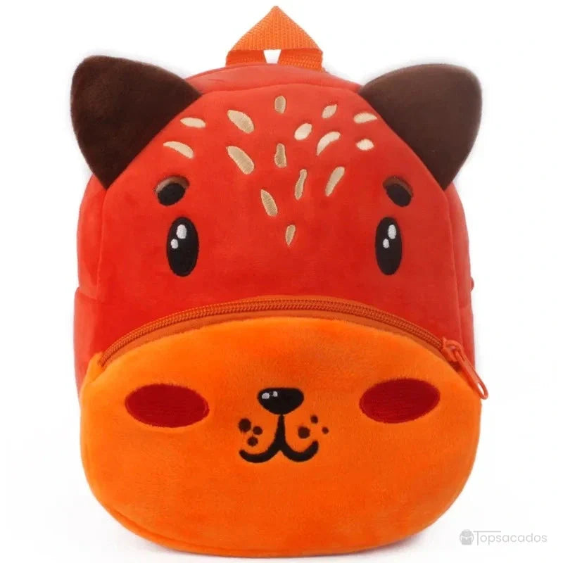 Sac à dos Bébé orange vif en forme de renard avec museau brodé et petites taches sur le front.