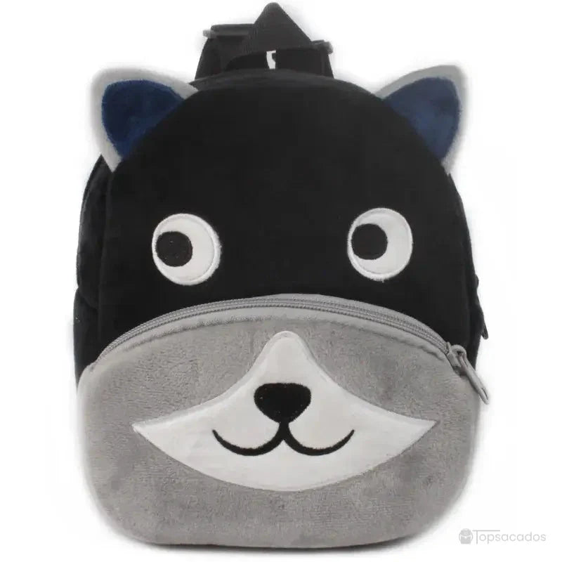 Sac à dos Bébé noir et gris représentant un chien au museau blanc, oreilles pointues et regard curieux.