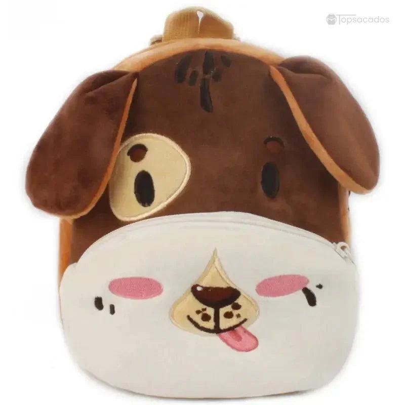 Sac à dos Bébé marron clair en peluche avec museau blanc, langue rose sortie et oreilles tombantes.