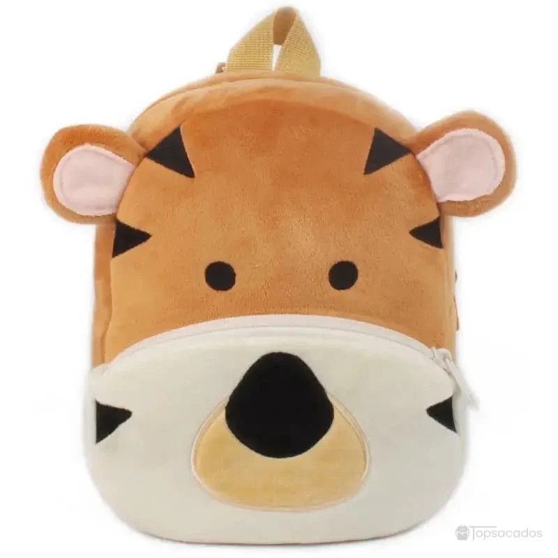 Sac à dos Bébé en forme de tigre orange avec rayures noires, museau blanc et oreilles roses.