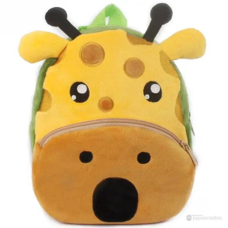Sac à dos Bébé jaune représentant une girafe, avec oreilles et cornes noires, museau rond et fermeture éclair brune.
