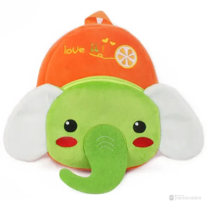 Sac à dos Bébé orange avec visage d’éléphant vert, oreilles blanches, joues rouges et broderie citron.