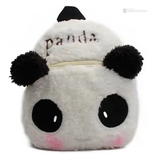 Sac à dos Bébé en peluche blanche en forme de panda, avec oreilles noires, grands yeux ronds et broderie 'panda'.